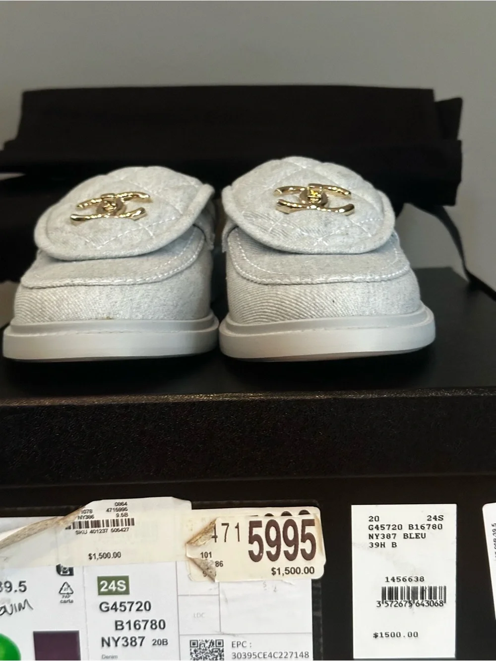 CHANEL light Denim Quilted Loafers with Gold CC Hardware
